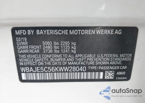 2019 BMW 540I from USA, damaged, VIN WBAJE5C56KWW28040